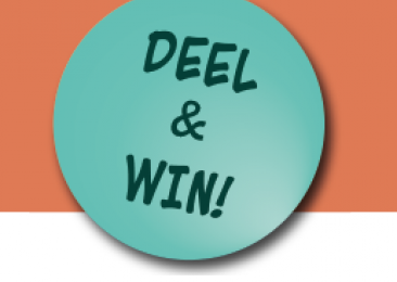 Rondje met tekst "Deel en win"