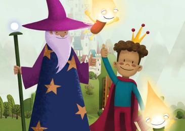 Afbeelding van hoe het woordspel Letterprins eruit ziet. Je ziet een tovenaar en Letterprins, een jongetje met een kroon en een rode cape. Op de achtergrond zie je een kasteel.
