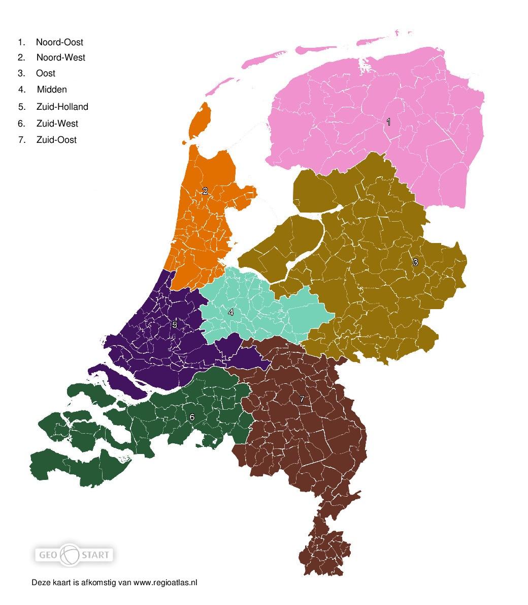 Afbeelding van een kaart van Nederland waarbij Nederland is verdeeld in 7 regio's: Noord, Midden-Oost, Midden, Zuid-Oost, Zuid-West, West, Noord-West