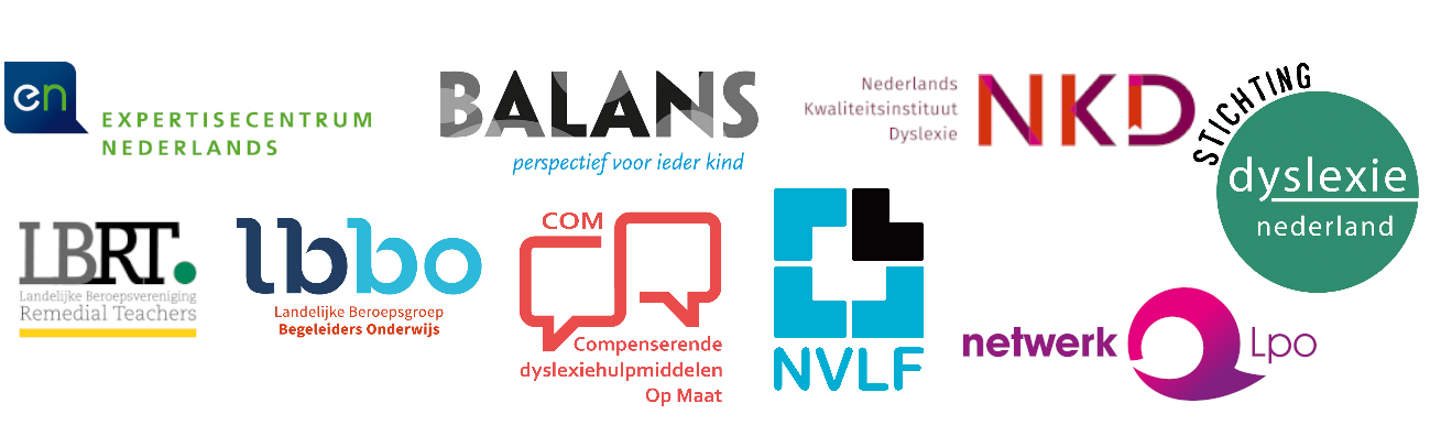 Logo's van Expertisecentrum Nederlands, Balans, NKD, NVLF, LBRT, LBBO, COM-ICT, Netwerk LPO, Stichting Dyslexie Nederland